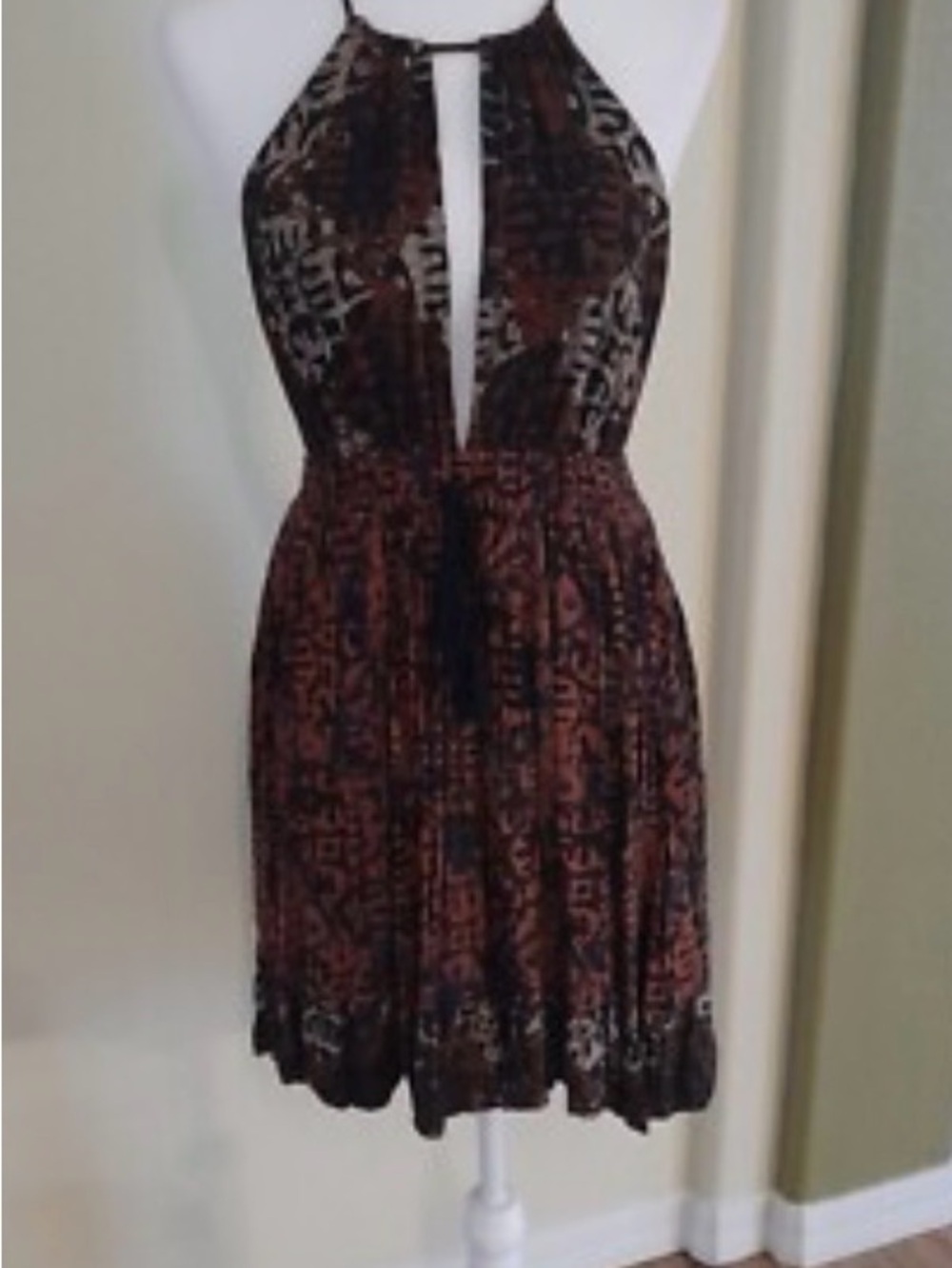 Free People Brown and Black Halter-Style Printed Mini Dress